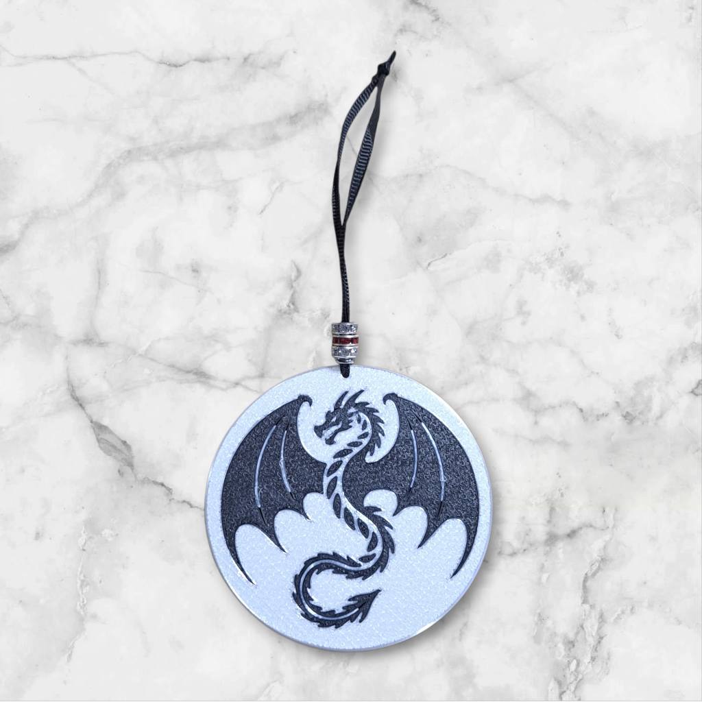 Black Dragon with red and clear rhinestone beads on the ribbon hanger