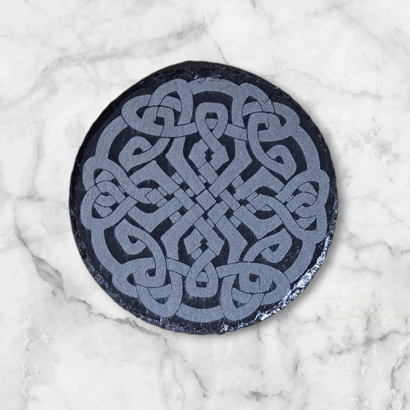 Round slate coaster with Celtic knot design