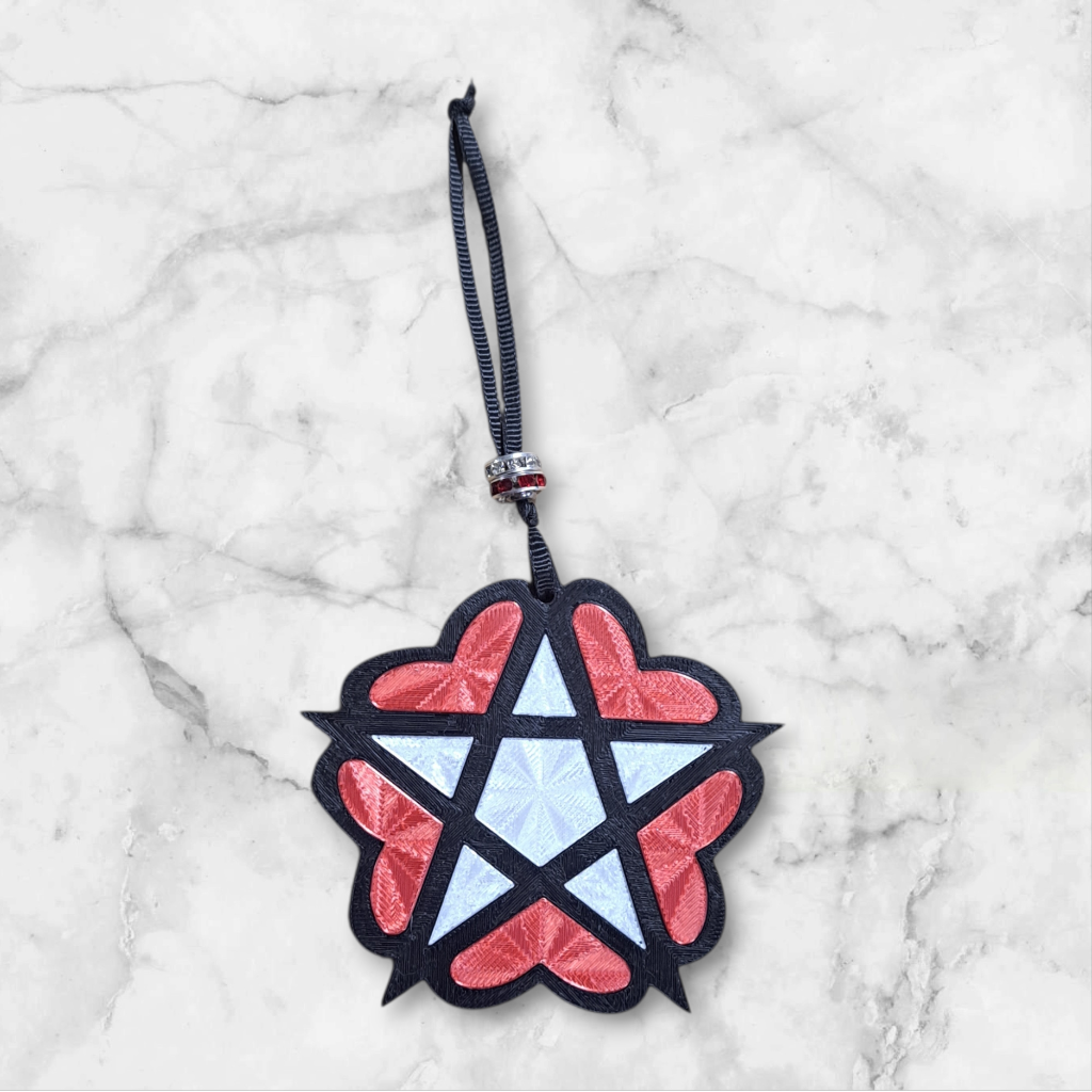 Pentagram with Hearts, red and clear rhinestone beads on the ribbon hanger