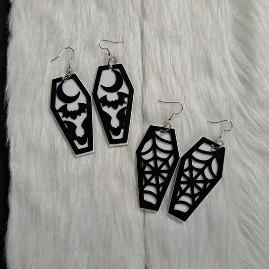 Moon with Bats Coffin or Spiderweb Coffin Dangle Earrings