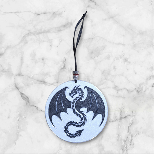 Black Dragon with red and clear rhinestone beads on the ribbon hanger