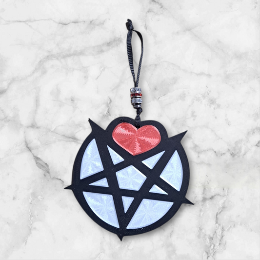 Inverted Pentagram with a Heart, red and clear rhinestone beads on the ribbon hanger