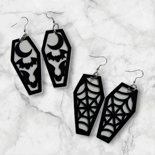 Moon with Bats Coffin or Spiderweb Coffin Dangle Earrings