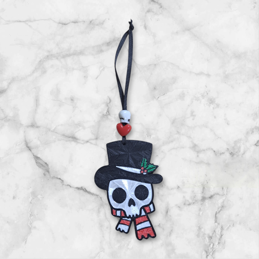 Snowman Skull with top hat and scarf ornament