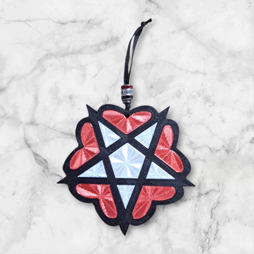 Inverted Pentagram with Hearts, red, black and clear rhinestone beads on the ribbon hanger